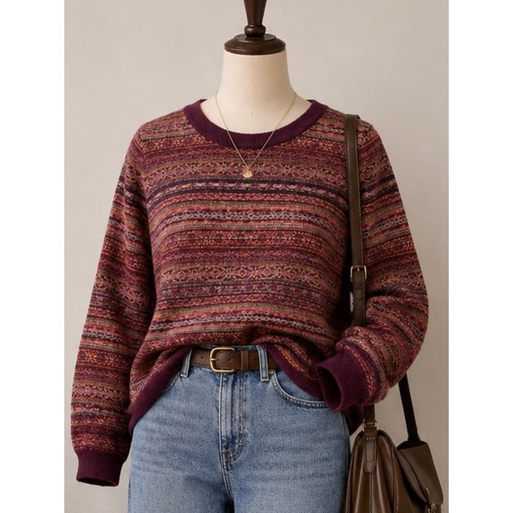 Vintage Plum Purple Geometric Fair Isle 3/4
Sleeve Knit Scoop Neck Sweater